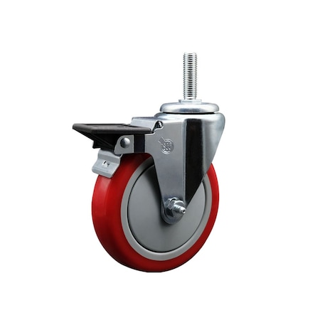 Service Caster 5 Inch Red Polyurethane Wheel Swivel 34 Inch Threaded Stem Caster with Brake SCC SCC-TS20S514-PPUB-RED-PLB-34212